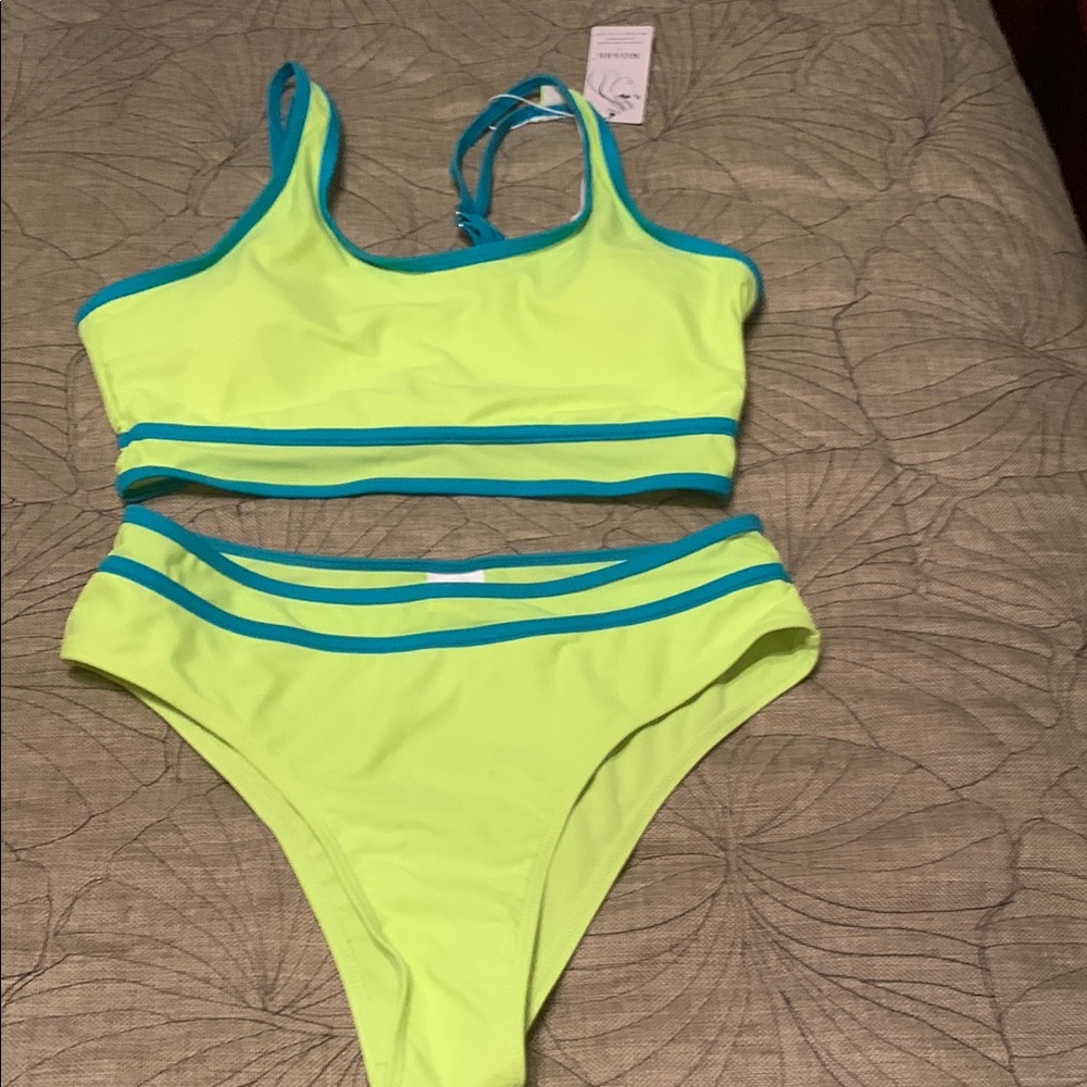 Blue and Neon Green Bikini Set with Sporty Stripes